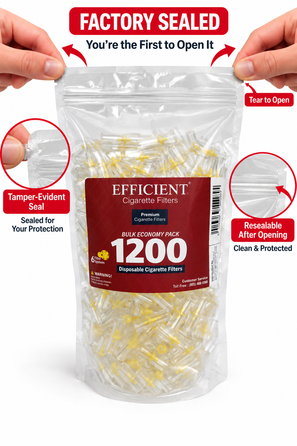 EFFICIENT Disposable Cigarette Filters 6-Hole 1200 Count Bulk Filter Tips