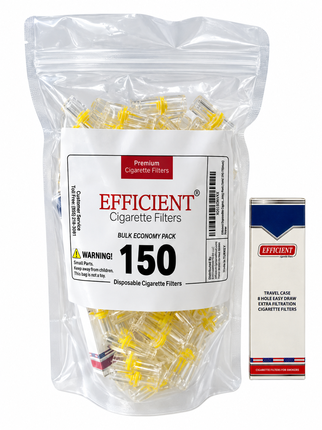 EFFICIENT Disposable Cigarette Filters 8-Hole 150 Count Bulk Filter Tips with Free Travel Case