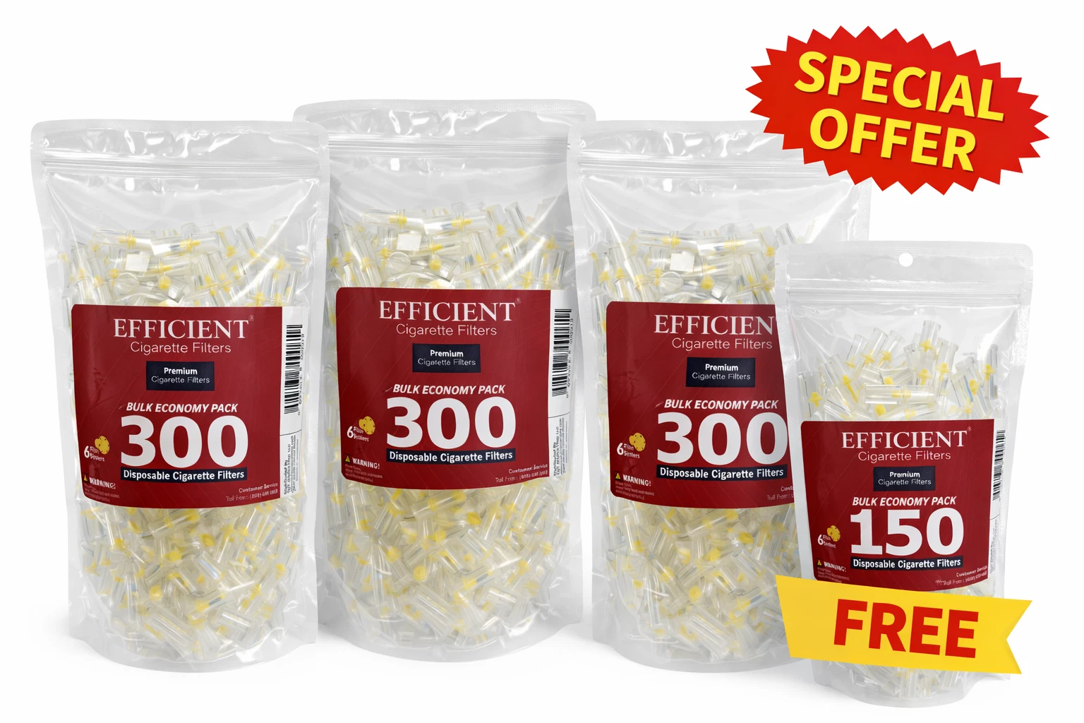 EFFICIENT Cigarette Filters 6-Hole 900 Count with FREE 150 Filters