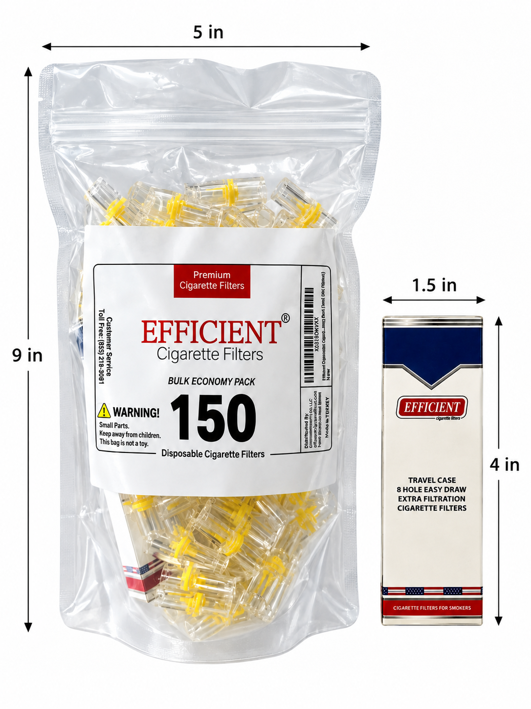EFFICIENT Disposable Cigarette Filters 8-Hole 150 Count Bulk Filter Tips with Free Travel Case