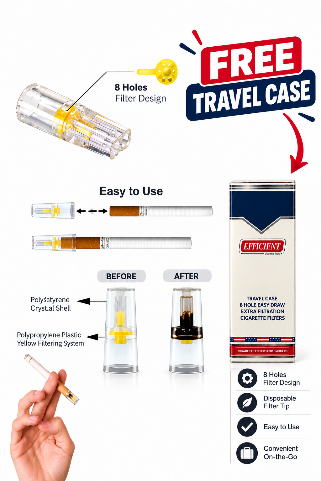 EFFICIENT Disposable Cigarette Filters 8-Hole 600 Count Bulk Filter Tips with Free Travel Case