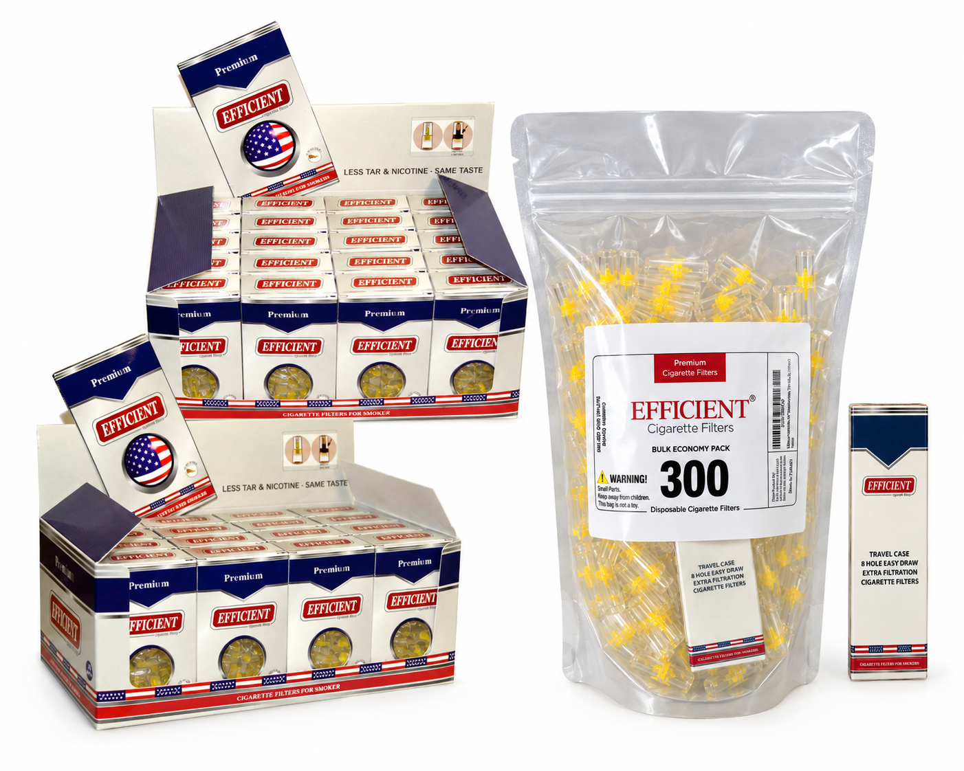 EFFICIENT Cigarette Filters 8-Hole 1200 Count 40 Packs with FREE 300 Bulk Filters and Travel Case