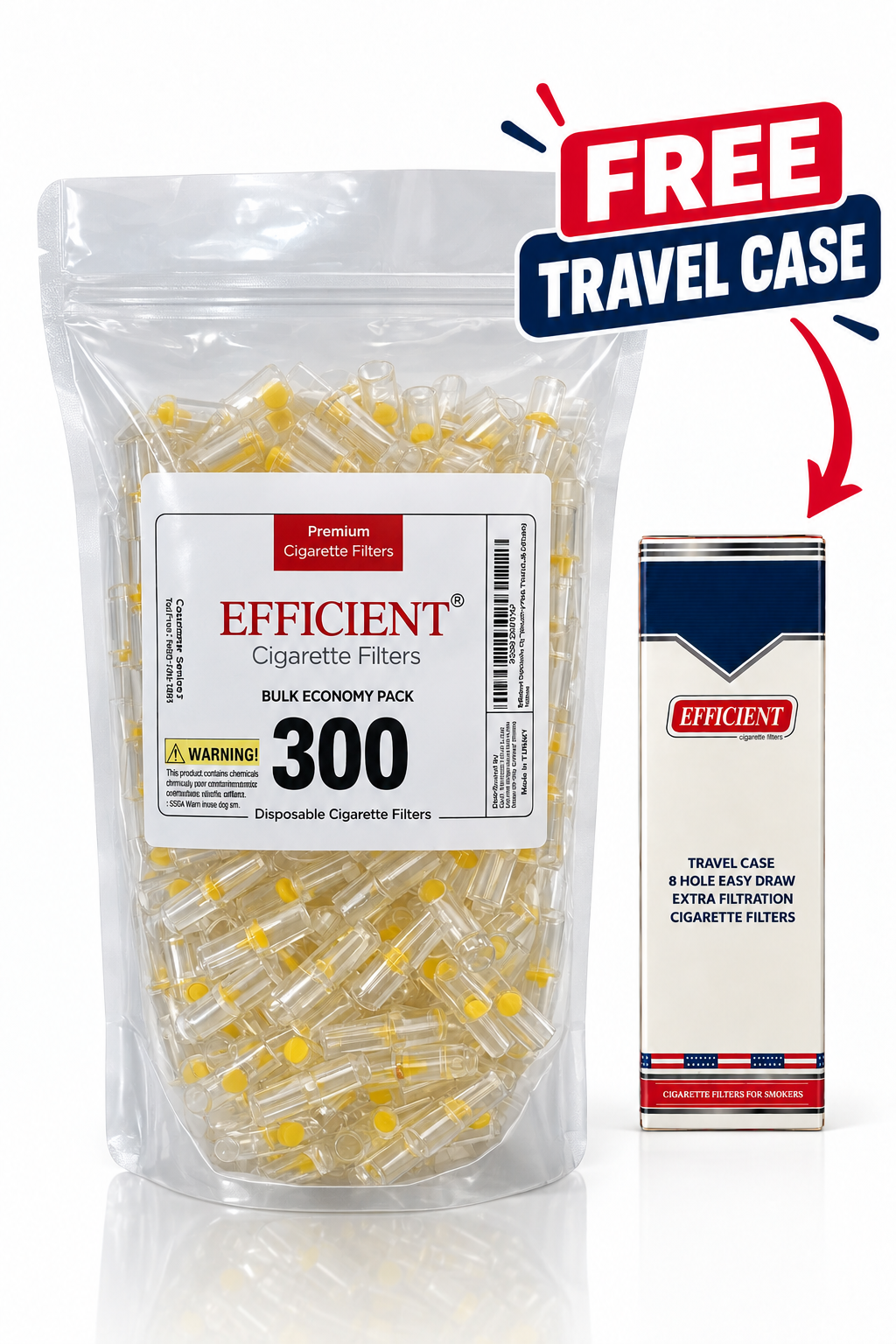 EFFICIENT Disposable Cigarette Filters 8-Hole 1200 Count Bulk Filter Tips with Free Travel Case
