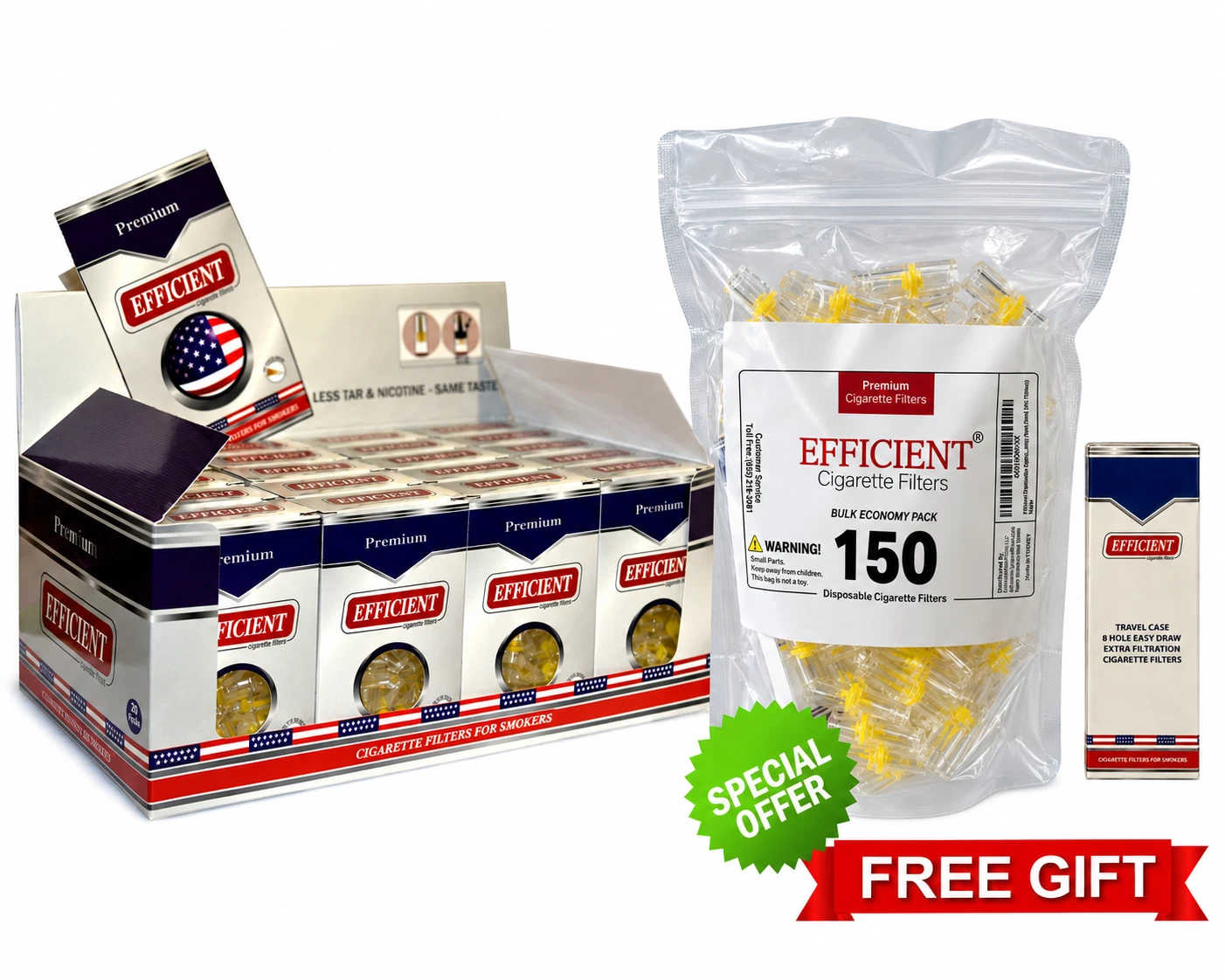 EFFICIENT Cigarette Filters 8-Hole 600 Count 20 Packs with FREE 150 Bulk Filters and Travel Case