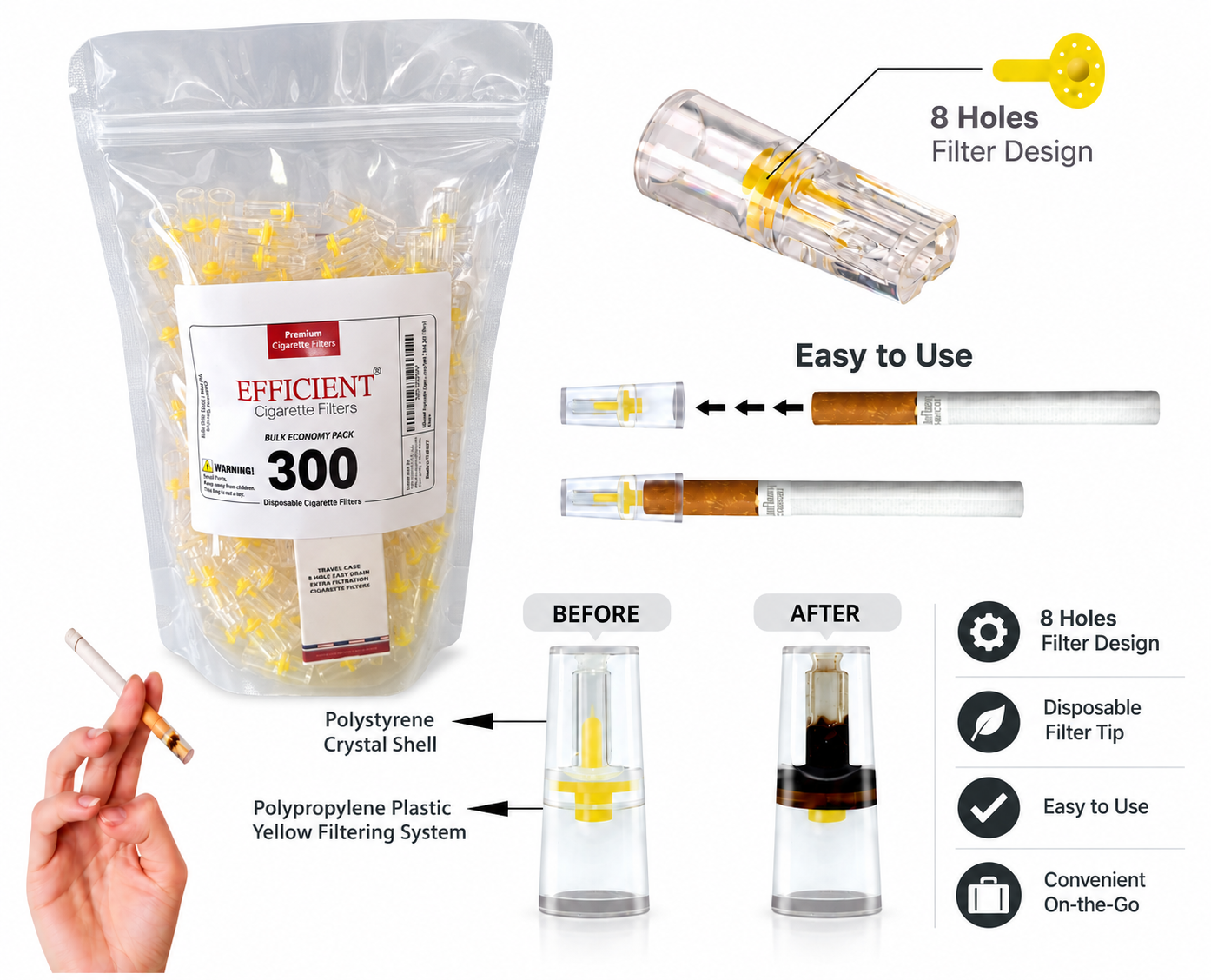 EFFICIENT Disposable Cigarette Filters 8-Hole 300 Count Bulk Filter Tips with Free Travel Case