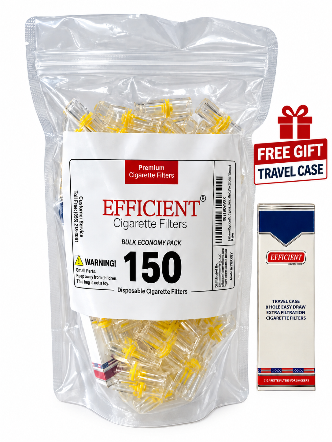 EFFICIENT Disposable Cigarette Filters 8-Hole 750 Count Bulk Filter Tips with Free Travel Case