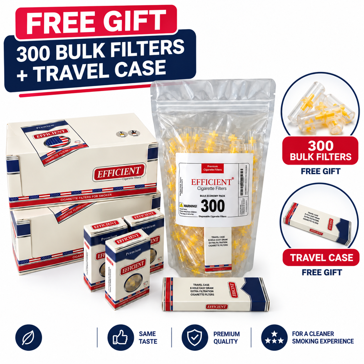 EFFICIENT Cigarette Filters 8-Hole 1200 Count 40 Packs with FREE 300 Bulk Filters and Travel Case