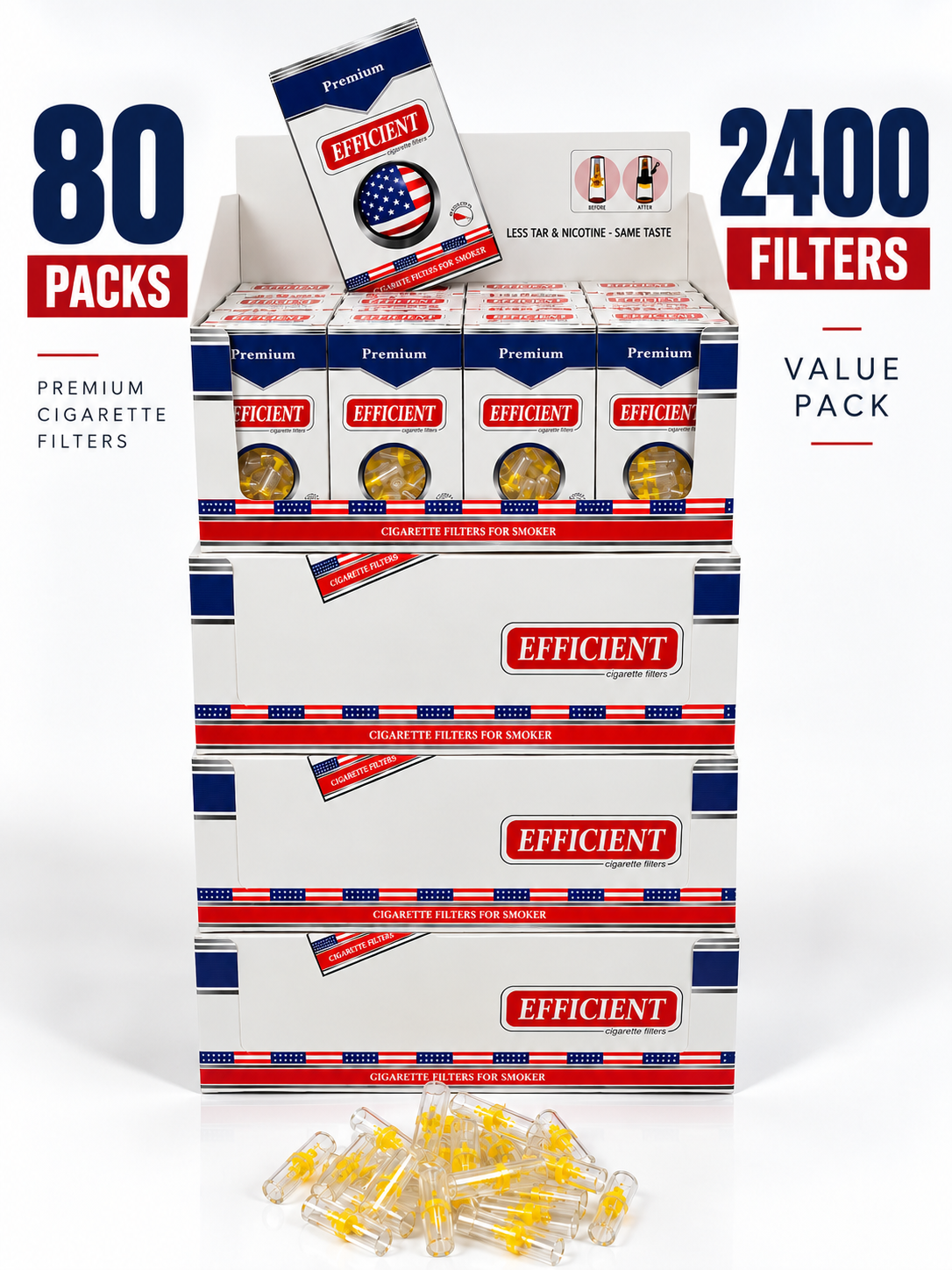 EFFICIENT Cigarette Filters 8-Hole 2400 Count 80 Packs