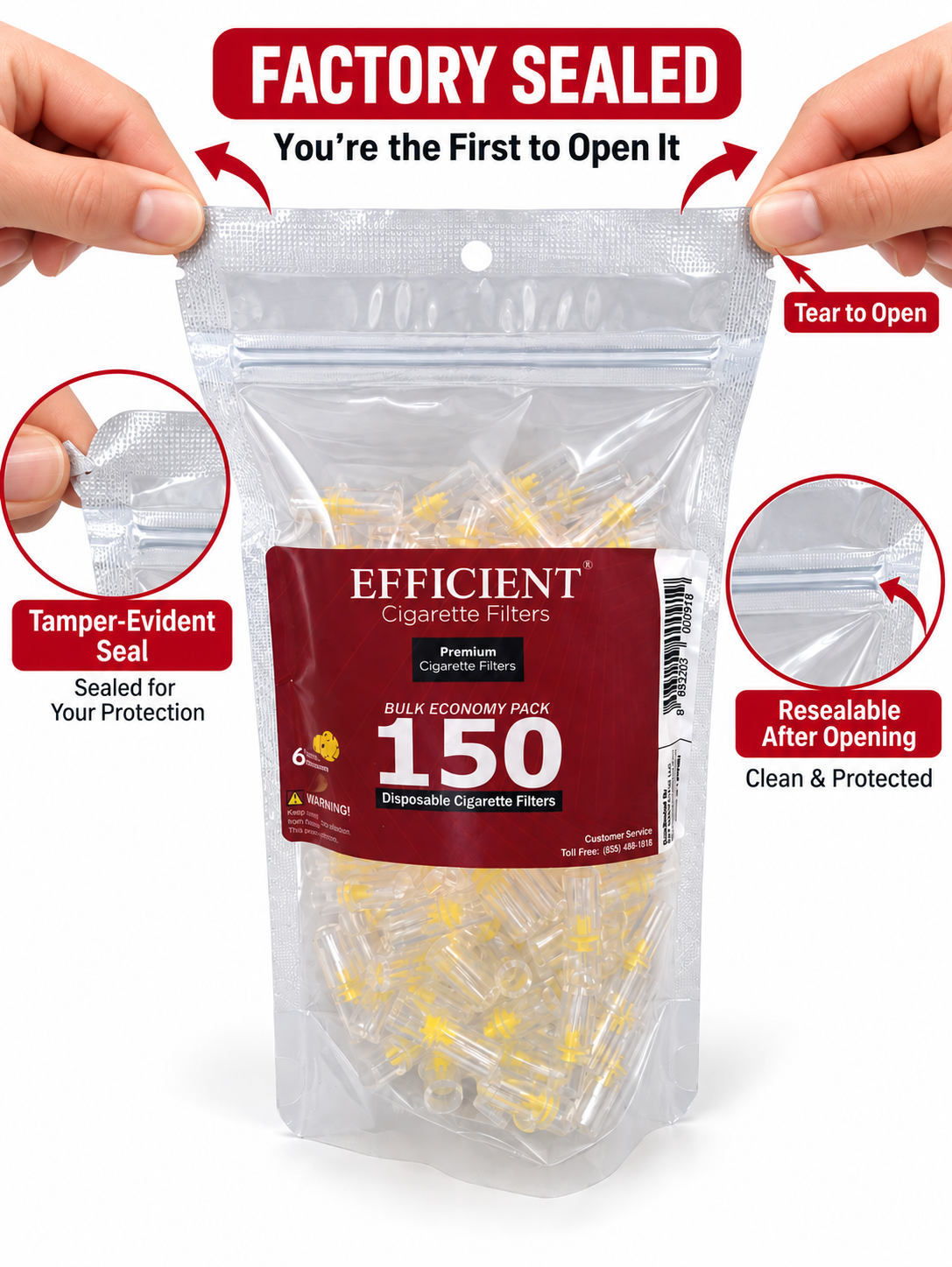EFFICIENT Disposable Cigarette Filters 6-Hole 150 Count Bulk Filter Tips