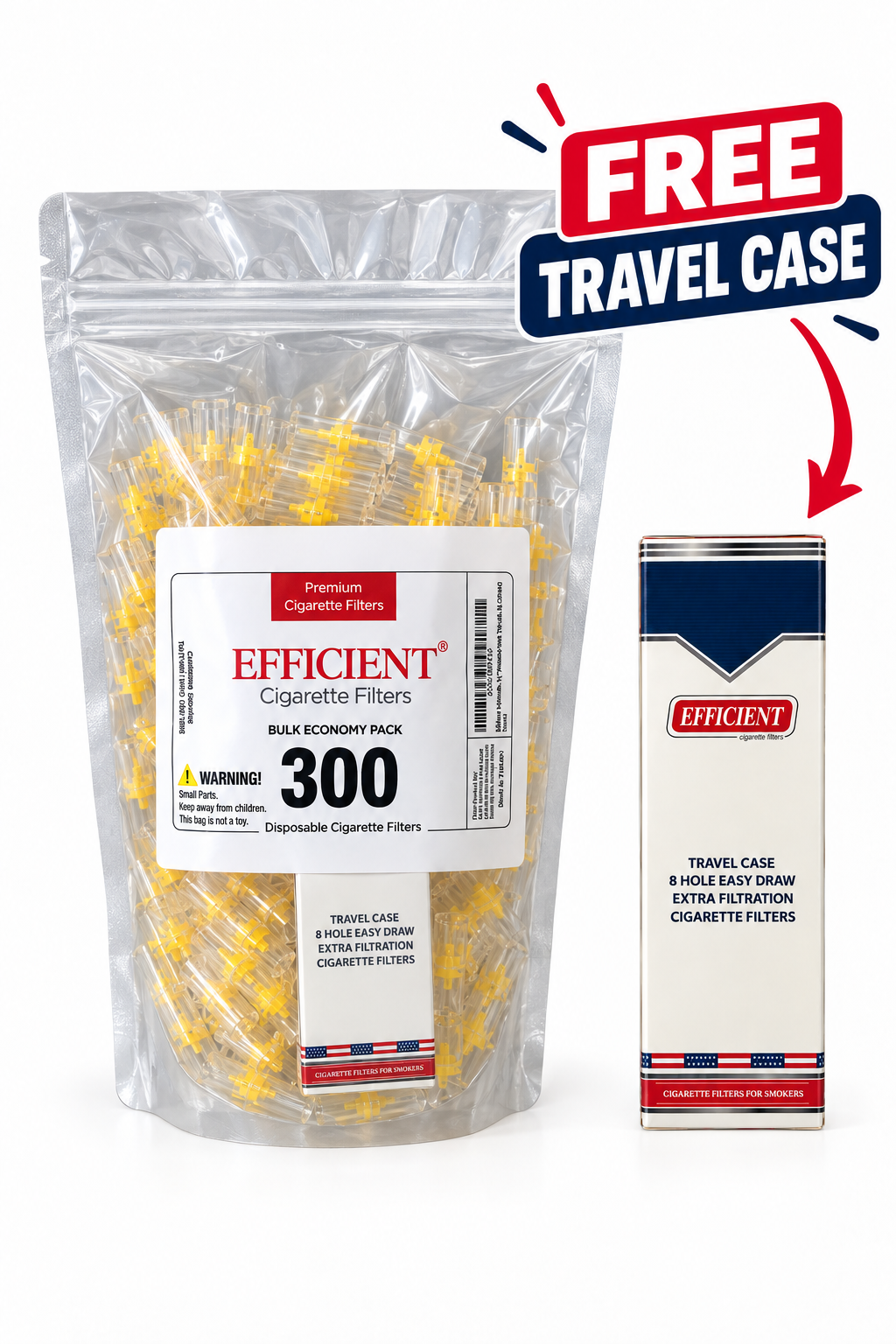 EFFICIENT Disposable Cigarette Filters 8-Hole 300 Count Bulk Filter Tips with Free Travel Case