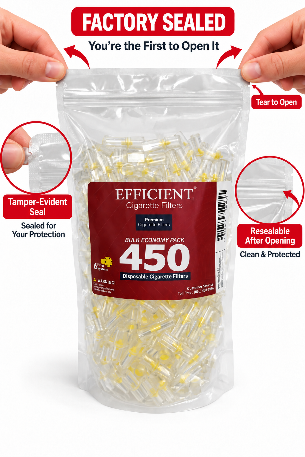 EFFICIENT Disposable Cigarette Filters 6-Hole 450 Count Bulk Filter Tips