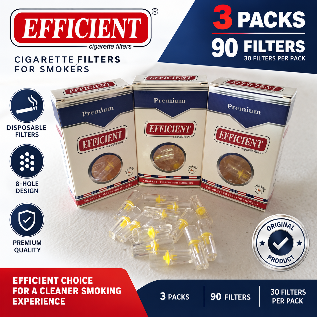 EFFICIENT Disposable Cigarette Filters 8-Hole 90 Count 3 Packs
