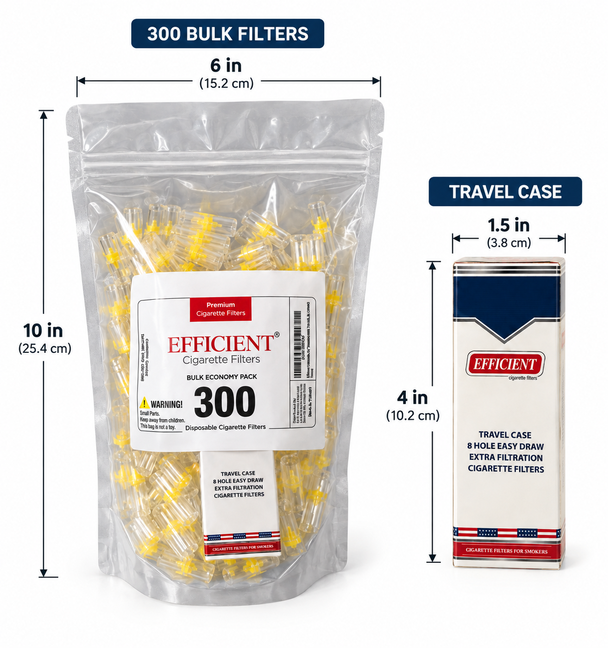 EFFICIENT Disposable Cigarette Filters 8-Hole 300 Count Bulk Filter Tips with Free Travel Case