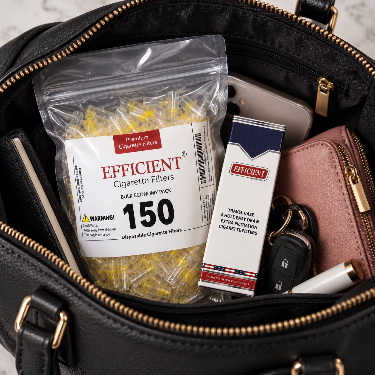 EFFICIENT Cigarette Filters 8-Hole 600 Count 20 Packs with FREE 150 Bulk Filters and Travel Case