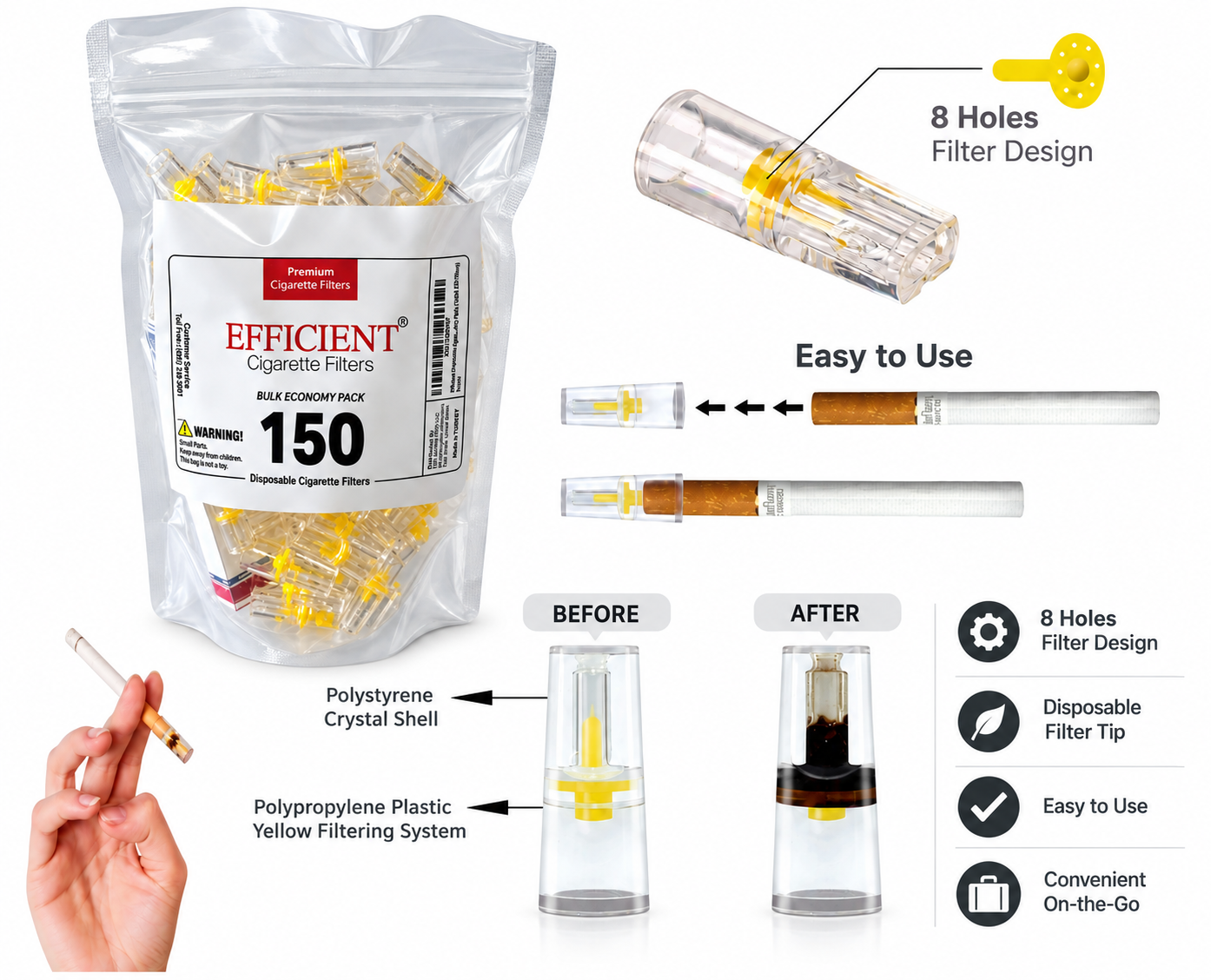 EFFICIENT Disposable Cigarette Filters 8-Hole 750 Count Bulk Filter Tips with Free Travel Case