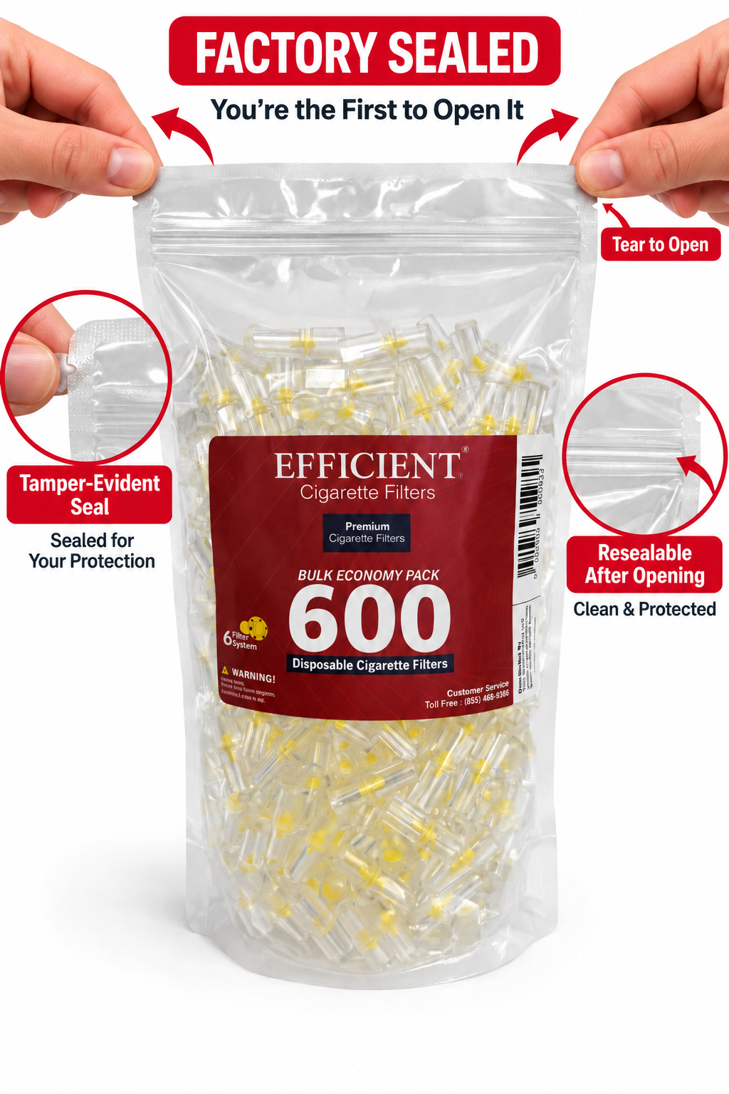 EFFICIENT Disposable Cigarette Filters 6-Hole 600 Count Bulk Filter Tips