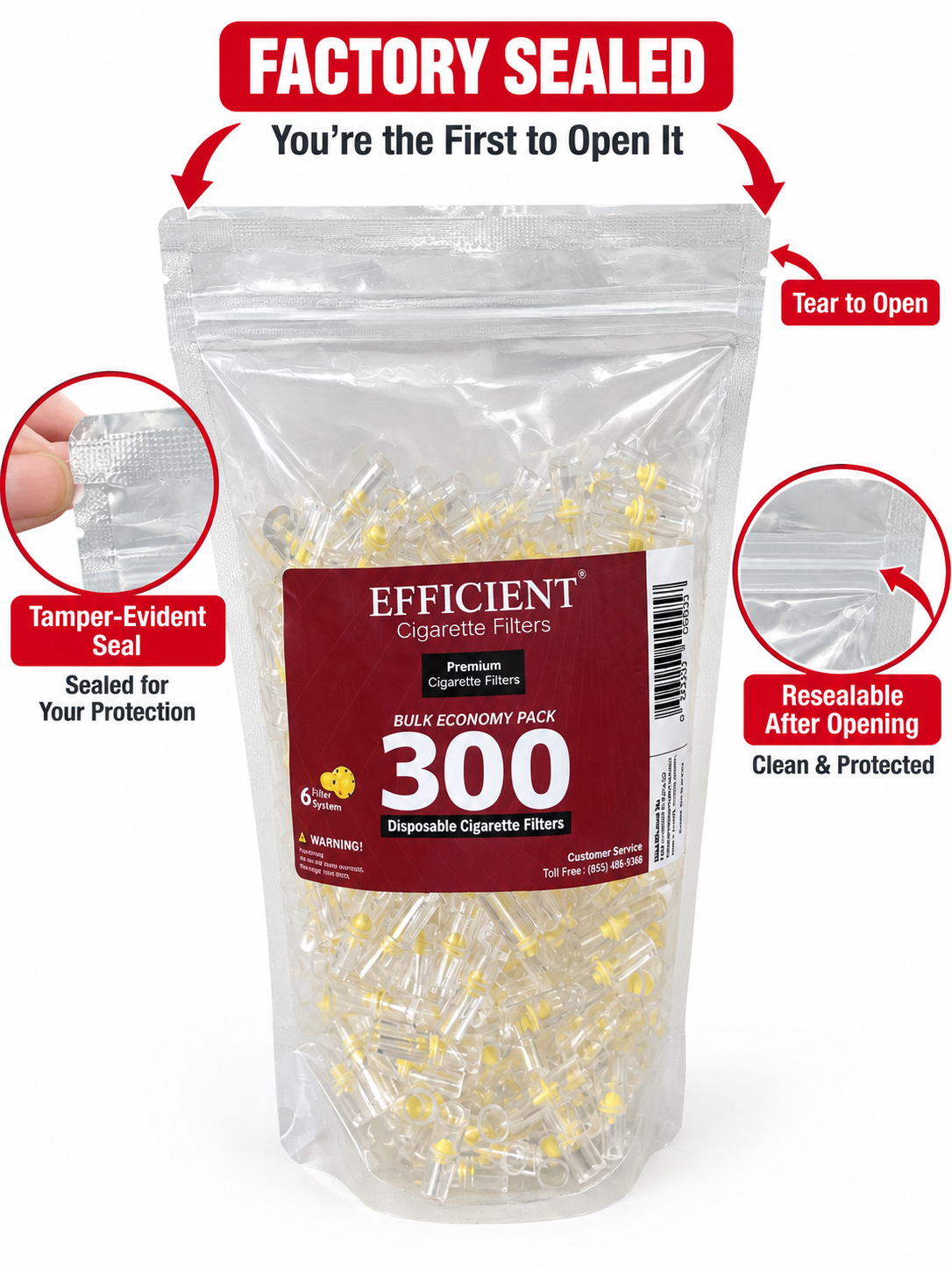 EFFICIENT Disposable Cigarette Filters 6-Hole 750 Count Bulk Filter Tips